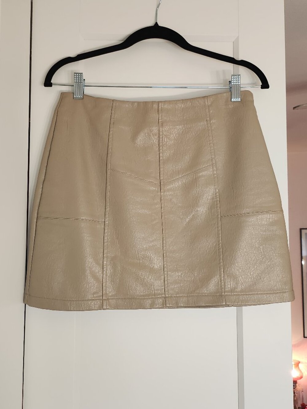Beige/Stone Colored Faux Leather Paneled Mini Skirt - Size Medium